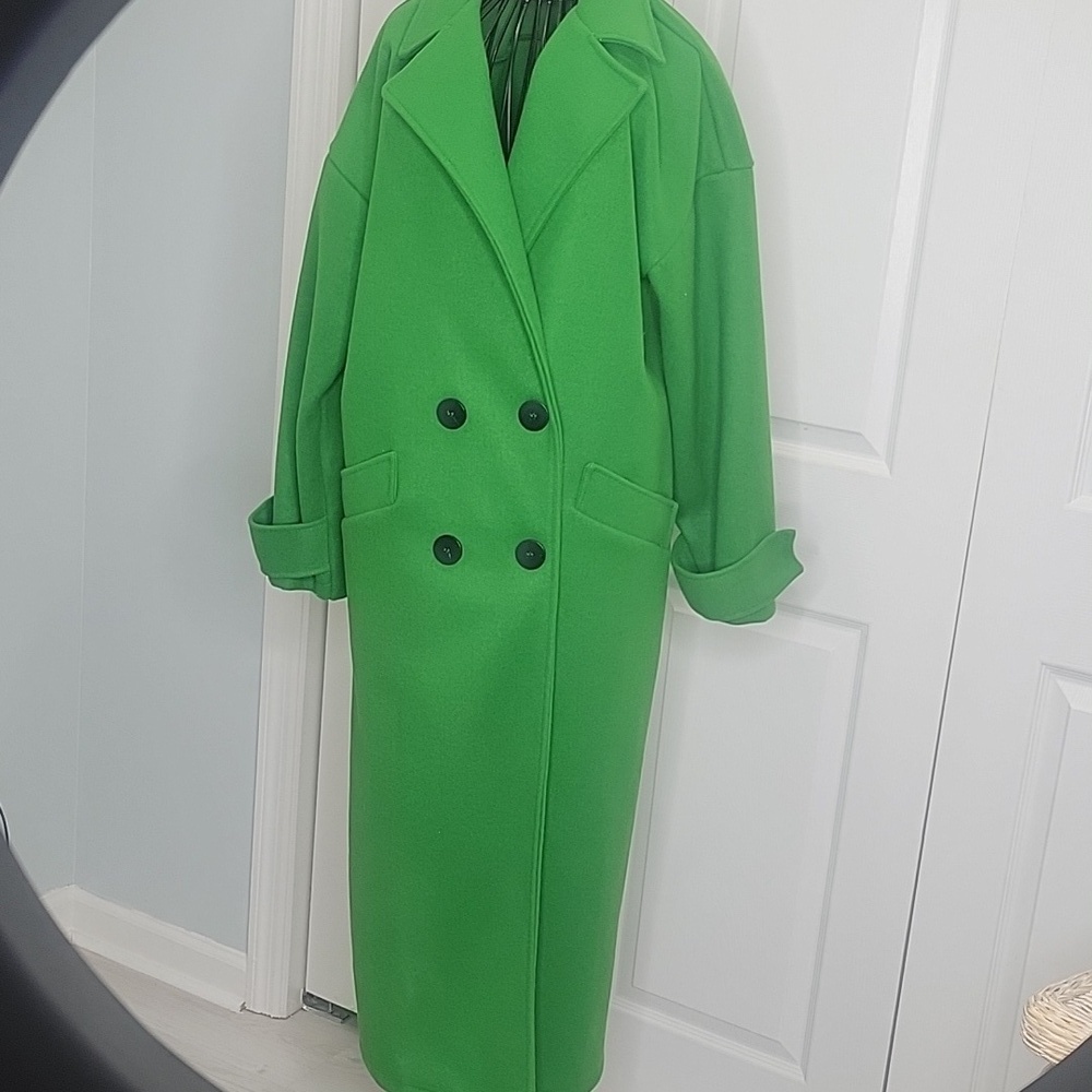 BOO HOO Bright Green Double-Breasted Women's Coat. Size 4 Oversized - Picture 2 of 8